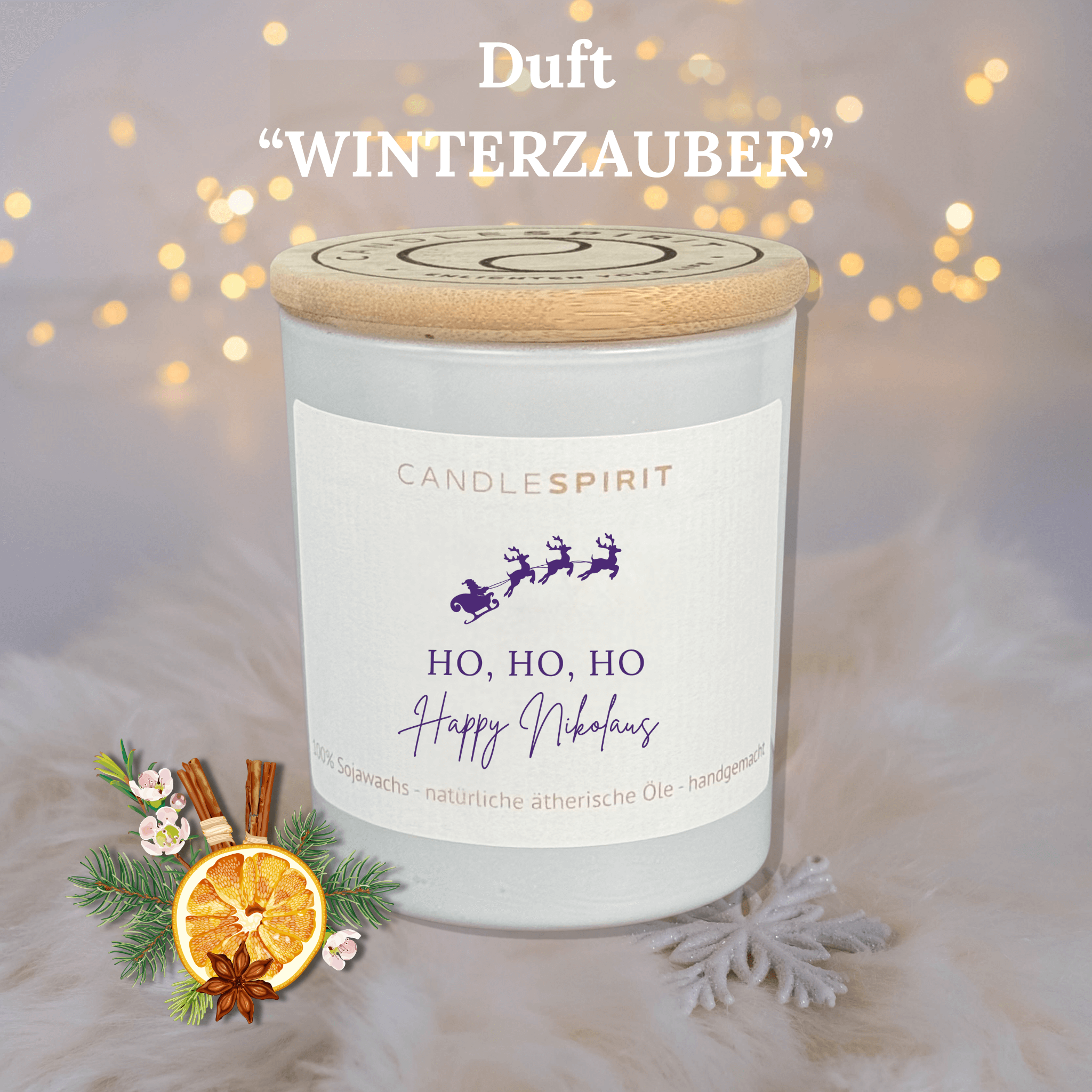 "Ho, Ho, Ho Happy Nikolaus" | Aromatherapie Kerze Duft WINTERZAUBER | 200ml Glas mit Bambusdeckel